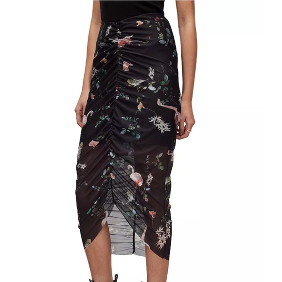 AllSaints Tessia Fabia Ruched Midi Skirt | Black Floral | Size US 6 - Picture 2 of 9
